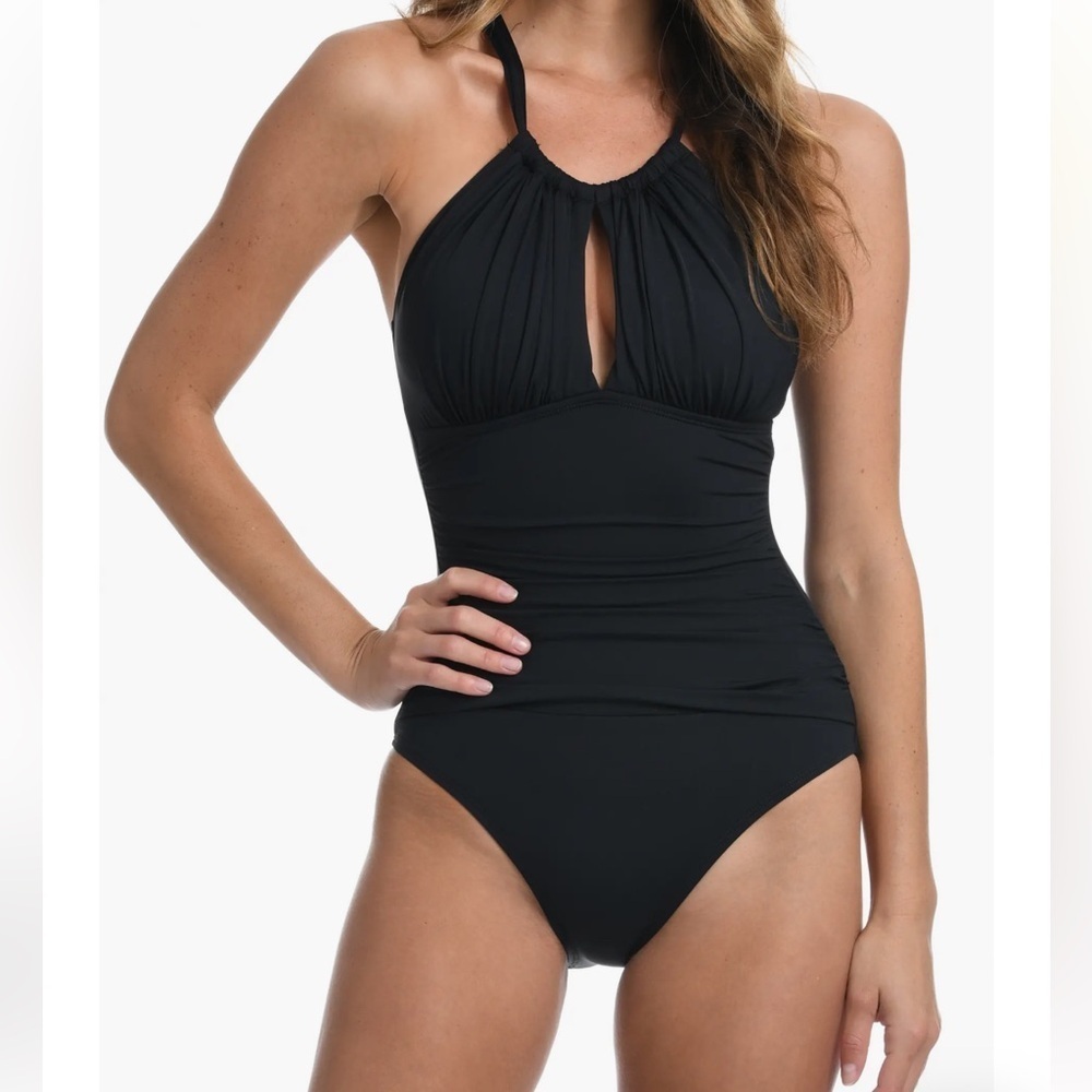 LA BLANCA Elegant Black Halter One-Piece Swimsuit
